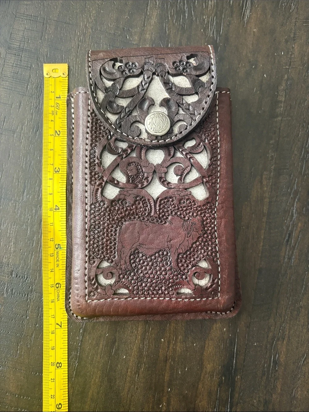 Handcrafted Tooled Leather Phone Sleeve in Rich Brown